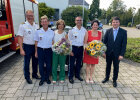 Gruppenfoto: PP Detlev Tolle, POR Stefan Haschke, Dagmar Haschke, EPHK Christian Pörtner, Carolin Pörtner, Staatssekretär Sandro Kirchner