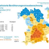 Grafik zur Entwicklung in den Regierungsbezirken: Ober- und Unterfranken vorwiegend blau (d.h. Bevölkerungsrückgang), Großraum München vor allem rot (Bevölkerungsanstieg)